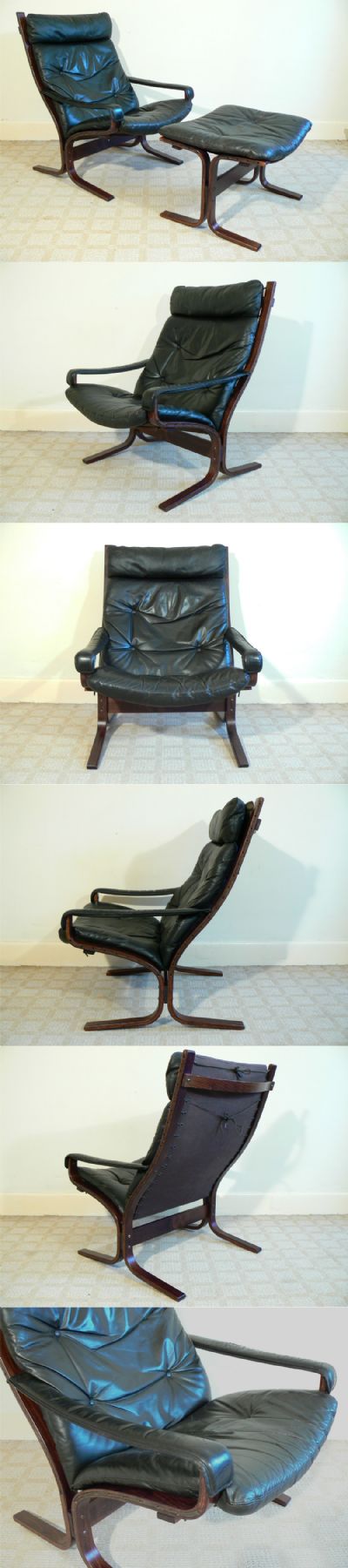 ONE OF A PAIR BOTH WITH MATCHING FOOTSTOOLS . A high back Siesta chair and footstool, in black hide with a rosewood stained bentwood frame. Manufactured by Vestlandske M�belfabrikk/Westnofa of Norway and designed by Ingmar Relling.